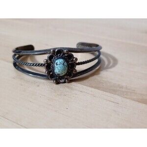 Vintage Handmade Native American Sterling Silver Turquoise Cuff Bracelet